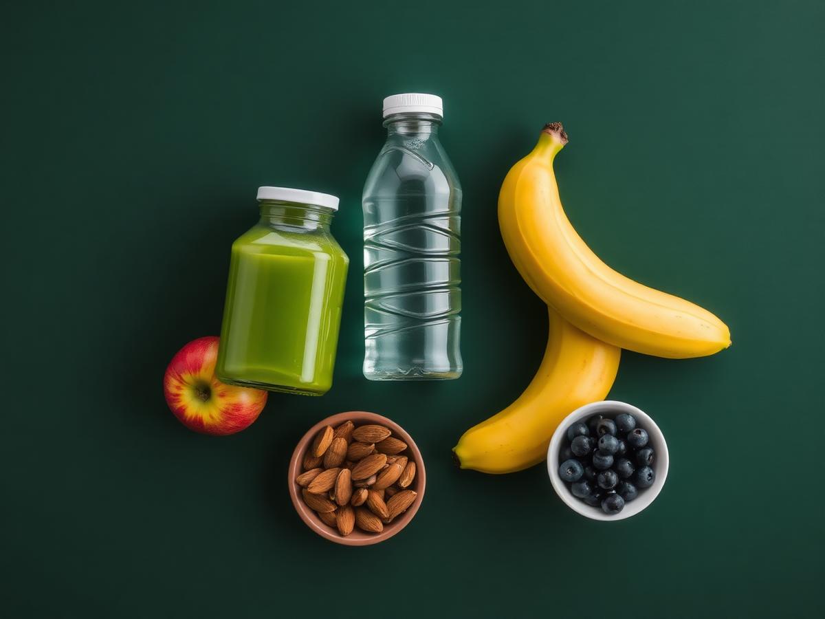 Healthy snacks and drinks arranged overhead